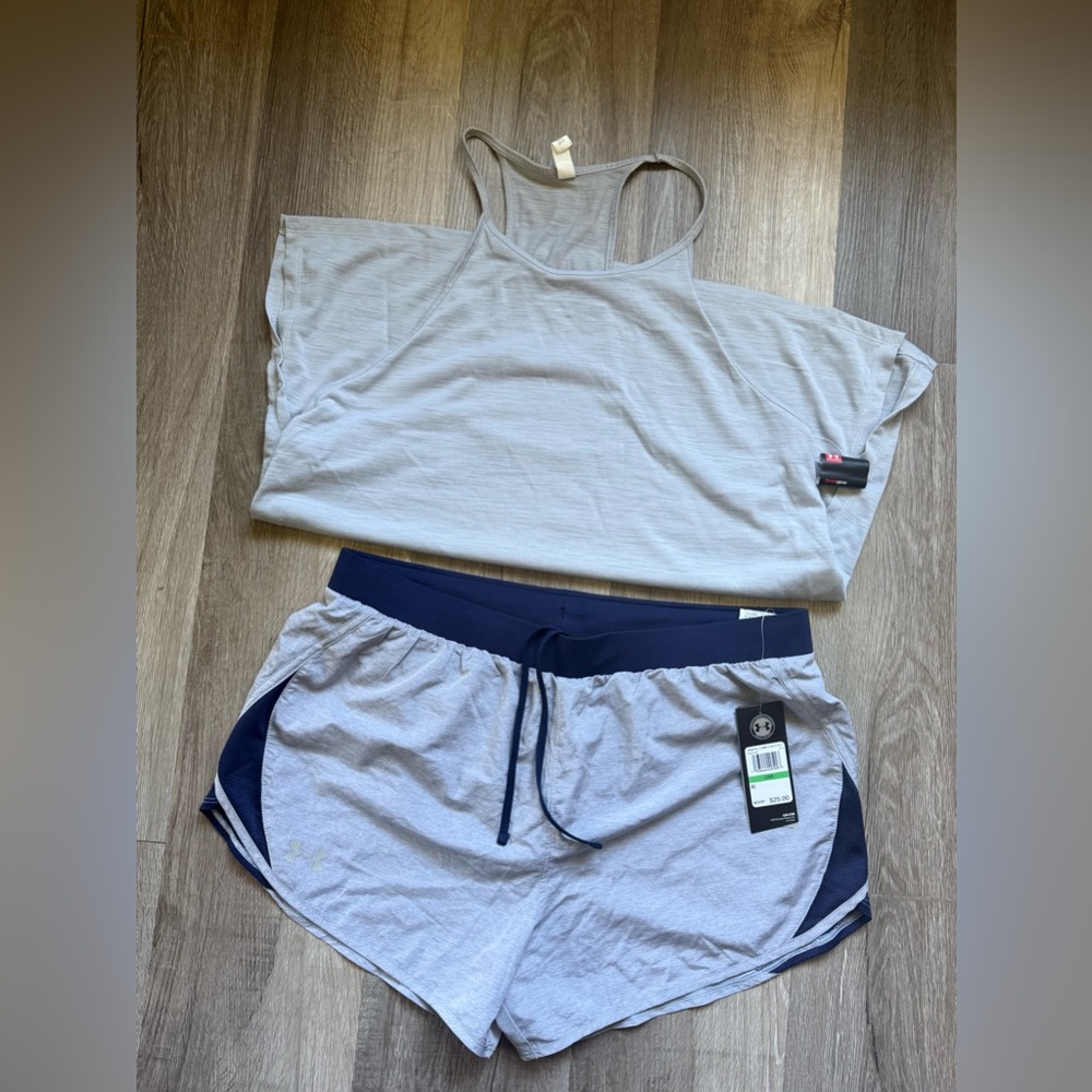 Under Armour Gray Racerback Tank & Navy-Trim Gray Athletic Shorts Set